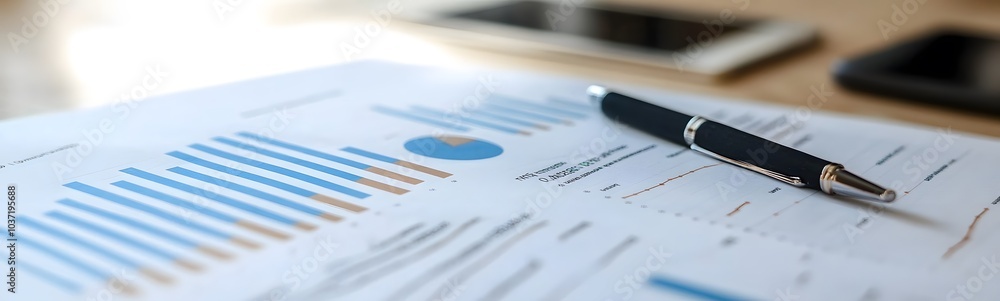 Fototapete A document with graphs and data analysis, featuring a pen and mobile devices, indicative of business and financial reporting.
