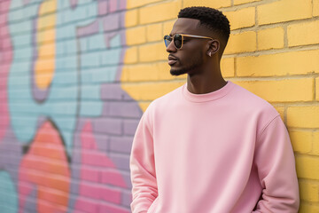 Obraz premium Light Pink Sweatshirt Mockup, Black Man with Fade Haircut, Casual Streetwear