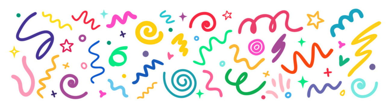 Colorful abstract doodle lines seamless pattern. Hand drawn various shapes, strokes, swirl. 