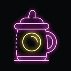 Obraz premium Glowing neon line baby bottle icon isolated on black background. Baby formula sign. Vector illustration
