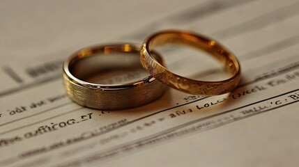 Wedding rings placed on top of a divorce form, emphasizing the dissolution of marriage through the legal system