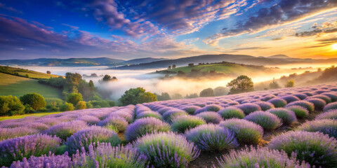 soft lavender mist sweeps across serene landscape of rolling hills, creating tranquil atmosphere. vibrant lavender fields contrast beautifully with misty valleys and colorful sky