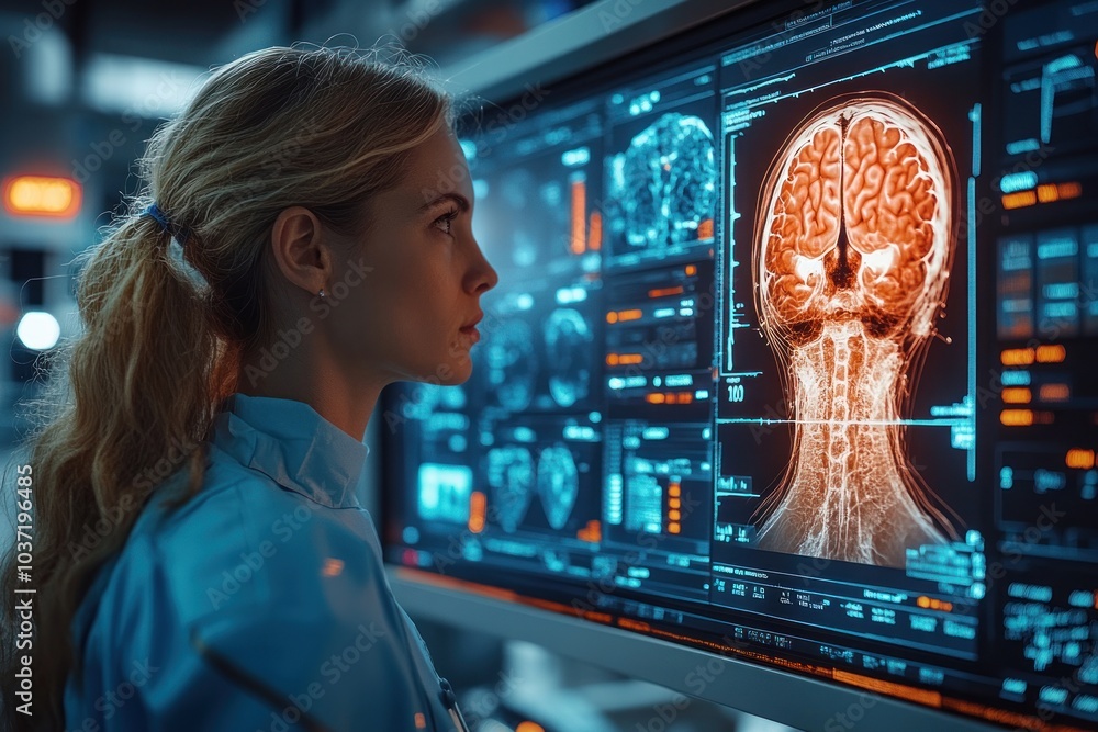 Poster a scientist analyzes brain scans on a high-tech display in a research facility.