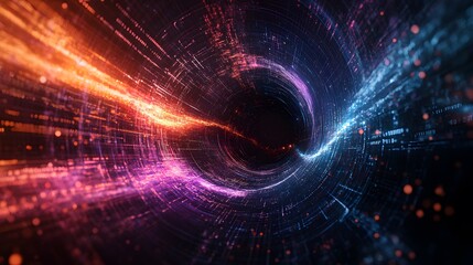 Obraz premium Digital Vortex: A mesmerizing abstract background featuring a swirling vortex of vibrant orange and blue digital light trails.