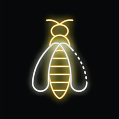 Bright neon sign depicting a honeybee with glowing wings and body, set against a dark background