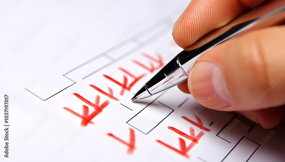 Poster a hand marking a checklist with a pen, emphasizing completion and organization. ideal for tasks and 
