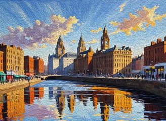 Fototapeta premium City Architecture. Oil painting. Printable pattern for wall decorations