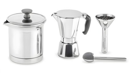 Brewing Essentials: A Moka pot alongside a grinder, coffee scoop, and timer. The tools of a coffee enthusiast. 