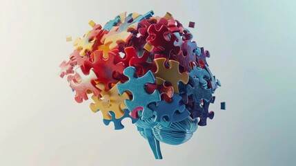 Intricate brain design composed of colorful puzzle pieces highlighting thought and creativity