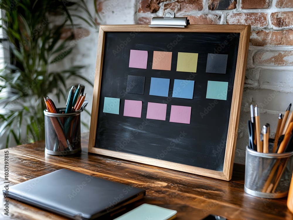 Poster a modern workspace featuring a chalkboard with colorful sticky notes, pens, and a notebook on a rust