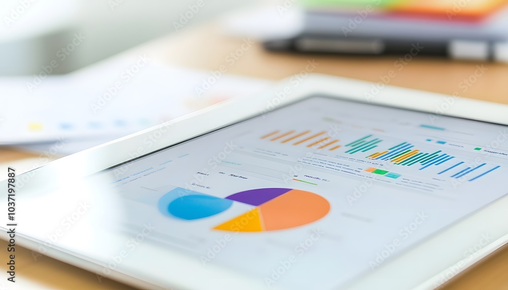 Poster a modern tablet displaying colorful data analytics and graphs on a workspace, symbolizing digital an