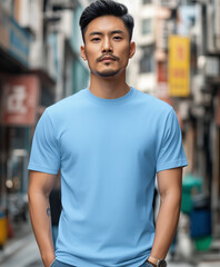 Sky Blue T-shirt Mockup, Asian Man with Fresh Fade, Casual Fashion Design