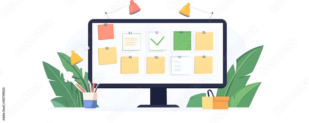 Poster a modern workspace with a computer displaying colorful sticky notes and office supplies, surrounded 