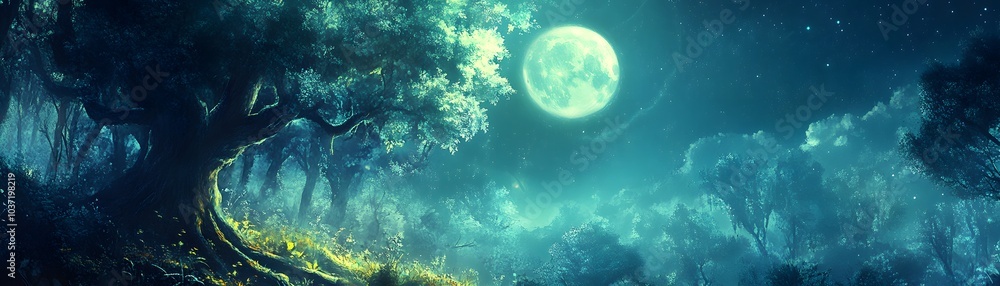 Poster a mystical forest under a luminous moon, with ethereal light illuminating trees and creating a magic