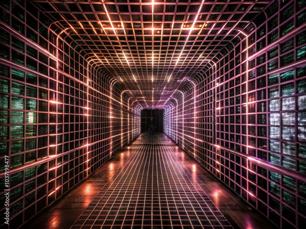 Poster digital wireframe tunnel - abstract urban exploration photography of a 3d tunnel grid in a futuristi