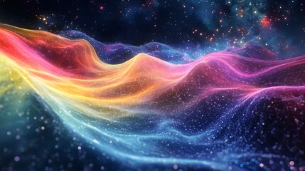 Obraz premium Cosmic Rainbow: Abstract digital art of a vibrant, colorful nebula, resembling a flowing rainbow in space. Perfect for backgrounds, websites, or any project needing a touch of cosmic beauty. 