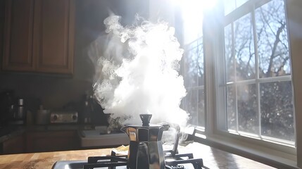 Morning Ritual: A close-up of a Moka pot on a stovetop, releasing fragrant steam as it brews espresso. Sunlight filters through the kitchen window. 
