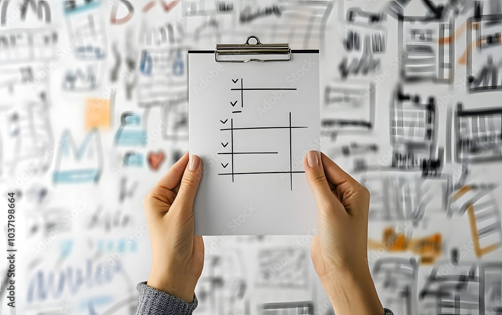 Poster a person holds a clipboard with a checklist in front of a wall filled with colorful sketches and gra