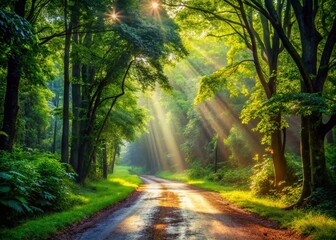 Fototapeta premium Dirt Road in Lush Foliage Forest After Rain - Serene Nature Scene