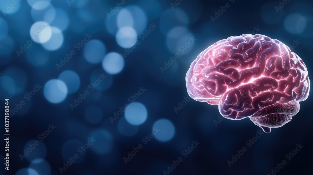 Poster human brain glowing with neon pink light on soft blue background representing intelligence and innov
