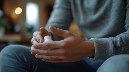 Obraz premium Person with dermatitis on their hand applying cream in a home setting focusing on treatment and discomfort