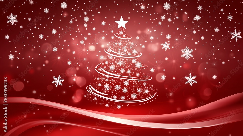 Poster a vector christmas tree in white on a red background with swirls.