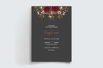 WEDDING INVITATION FRAME WITH FLOWER DECORATIONS AND FRESH LEAVES 