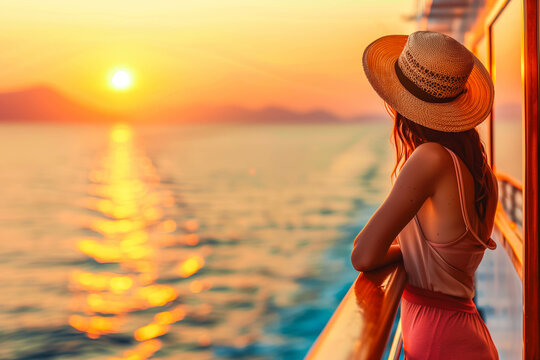 Luxury cruise ship travel elegant tourist woman watching sunset on balcony deck of Europe mediterranean cruising destination. Summer vacation cruiseship sailing away on holiday