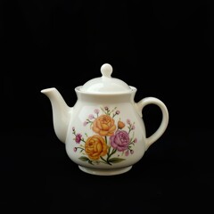 Generative, AI, white teapot with floral pattern on black background, elegant and classic design.

