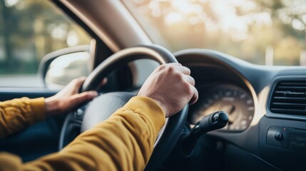 A person's hand grips the steering wheel of a car, highlighting the act of driving during a scenic moment.