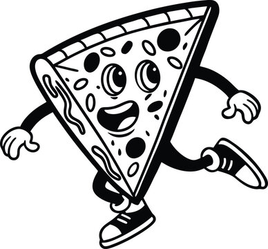 recommend clip art: Black and white illustration of a slice of pizza running