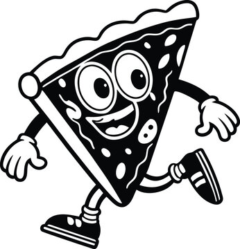 recommend clip art: Black and white illustration of a slice of pizza running