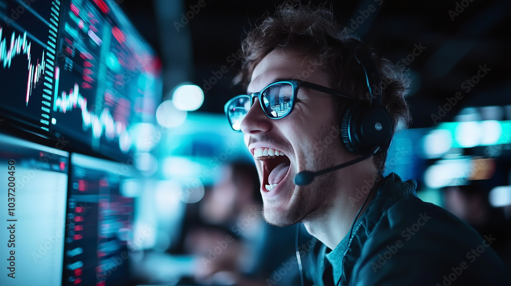 Poster excited man wearing headphones celebrates success while monitoring data on multiple screens, showcas
