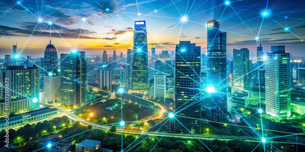 Poster double exposure photography of digital network connection with cityscape and data flow imagery