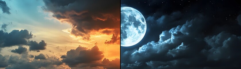 A stunning view of a contrasting sky, showcasing vibrant sunset hues on one side and a serene moonlit night on the other.