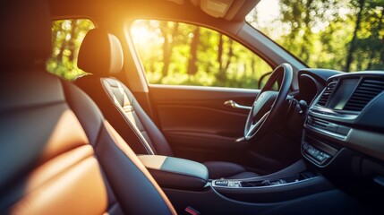 Fototapeta premium A sleek car interior illuminated by sunlight, showcasing premium leather seats and a modern dashboard amidst a lush, green backdrop.