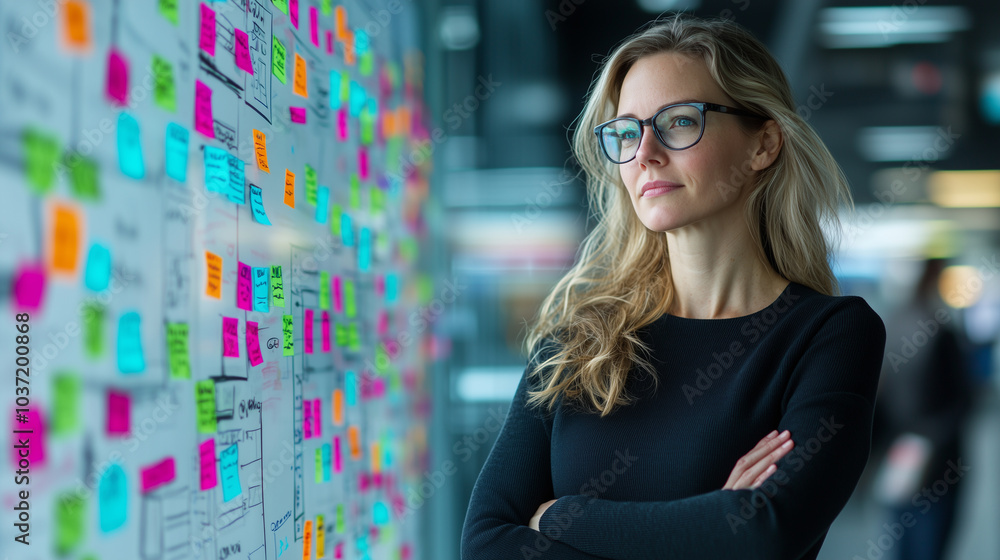 Poster focused woman stands in front of colorful whiteboard filled with sticky notes, contemplating ideas a