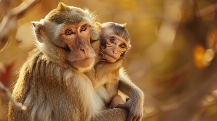 Fototapeta premium A mother monkey holding her baby monkey