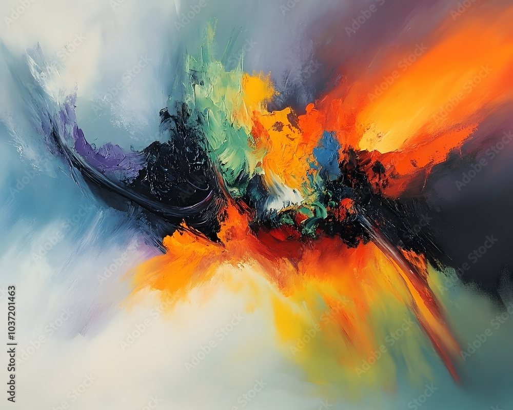 Poster a vibrant abstract painting featuring dynamic colors and fluid movements, creating an energetic visu