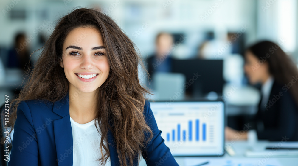 Poster happy young woman in blue blazer smiling at camera in modern office setting, surrounded by colleague