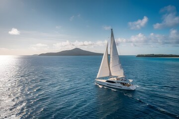A pristine sailboat gently cruising across deep blue ocean waters.