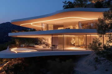 Fototapeta premium A glowing modern glass house built on a mountain, showcasing warm lighting and stylish interior that highlights its sleek architectural curves at twilight.