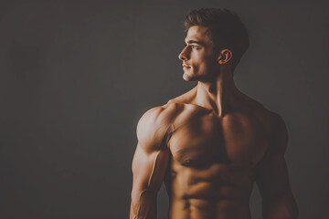 Male fitness model shirtless torso from profile slightly tilted in front of grey background