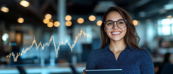 Happy young woman with glasses smiling at camera in modern office, holding tablet with financial graph overlay. She exudes confidence and professionalism