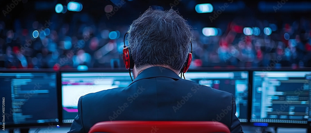 Poster focused male individual wearing headphones is engaged in tech environment, surrounded by multiple screens displaying data and information. atmosphere is dynamic and professional, highlighting