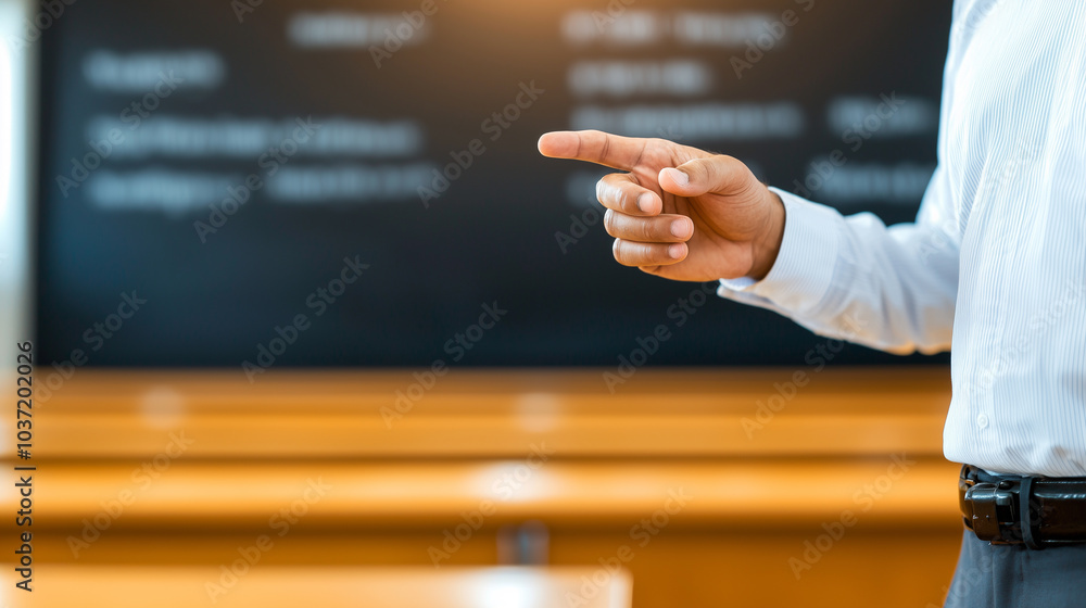 Poster professional man gestures during meeting or presentation in boardroom, emphasizing key points. setting features modern design with focus on collaboration and communication