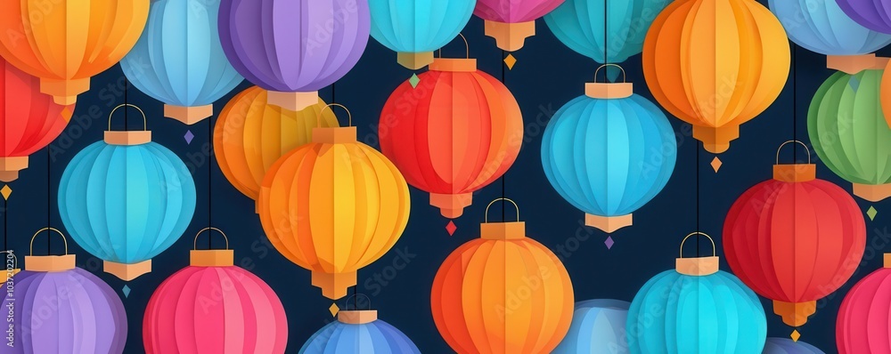 Poster colorful paper lanterns in various shapes and sizes are suspended against a dark background, creatin