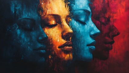 Fototapeta premium A vibrant, abstract representation of multiple faces in bold colors, symbolizing emotion, depth, and artistic expression.