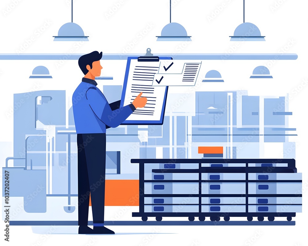 Poster a worker checking inventory on a clipboard in a modern warehouse environment, ensuring efficient org