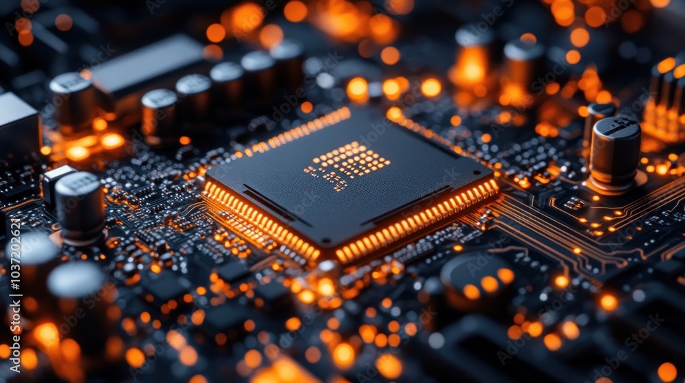 Poster close-up of a microchip on a circuit board with glowing elements.